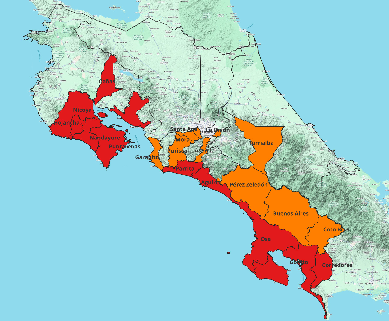 Mapa de cantones bajo alerta roja y naranja por los efectos de Eta