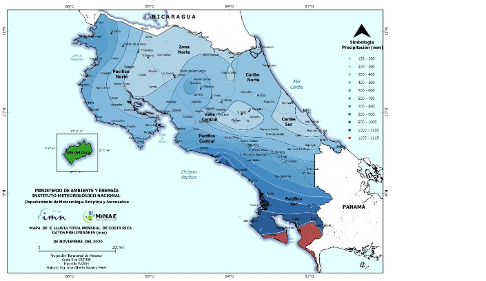Mapa de lluvia total mensual de Costa Rica, noviembre de 2020