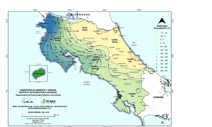 Mapa de anomalía de lluvia total mensual de Costa Rica, noviembre de 2020