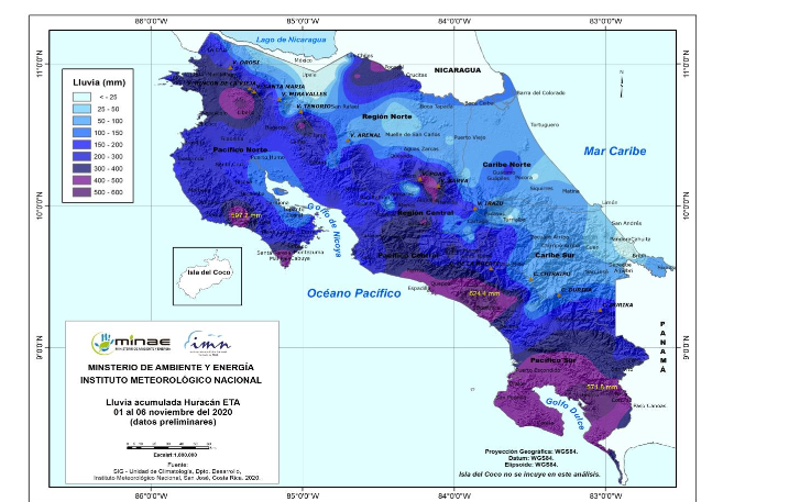 Mapa de lluvia acumulada por el huracán Eta, del 1 al 6 de noviembre de 2020